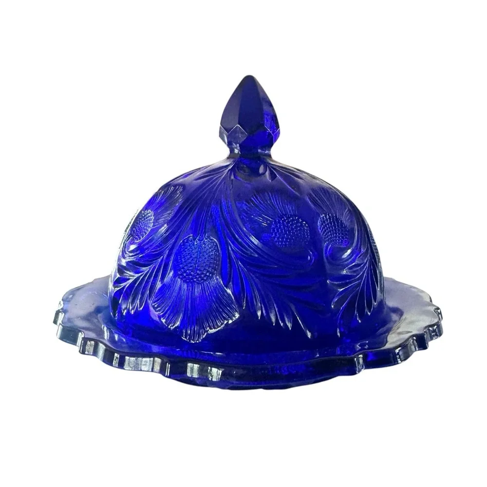 Vintage Mosser glass INVERTED THISTLE Design Rare COBALT BLUE butter/cheese dish